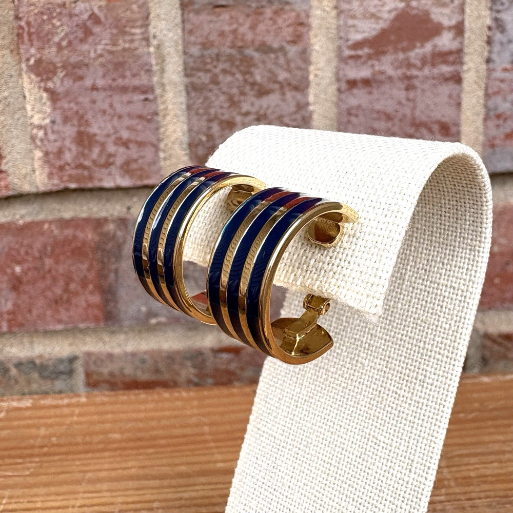 Vintage Trifari Navy Blue & Gold Tone‎ Stripes Hoop Clip on Earrings